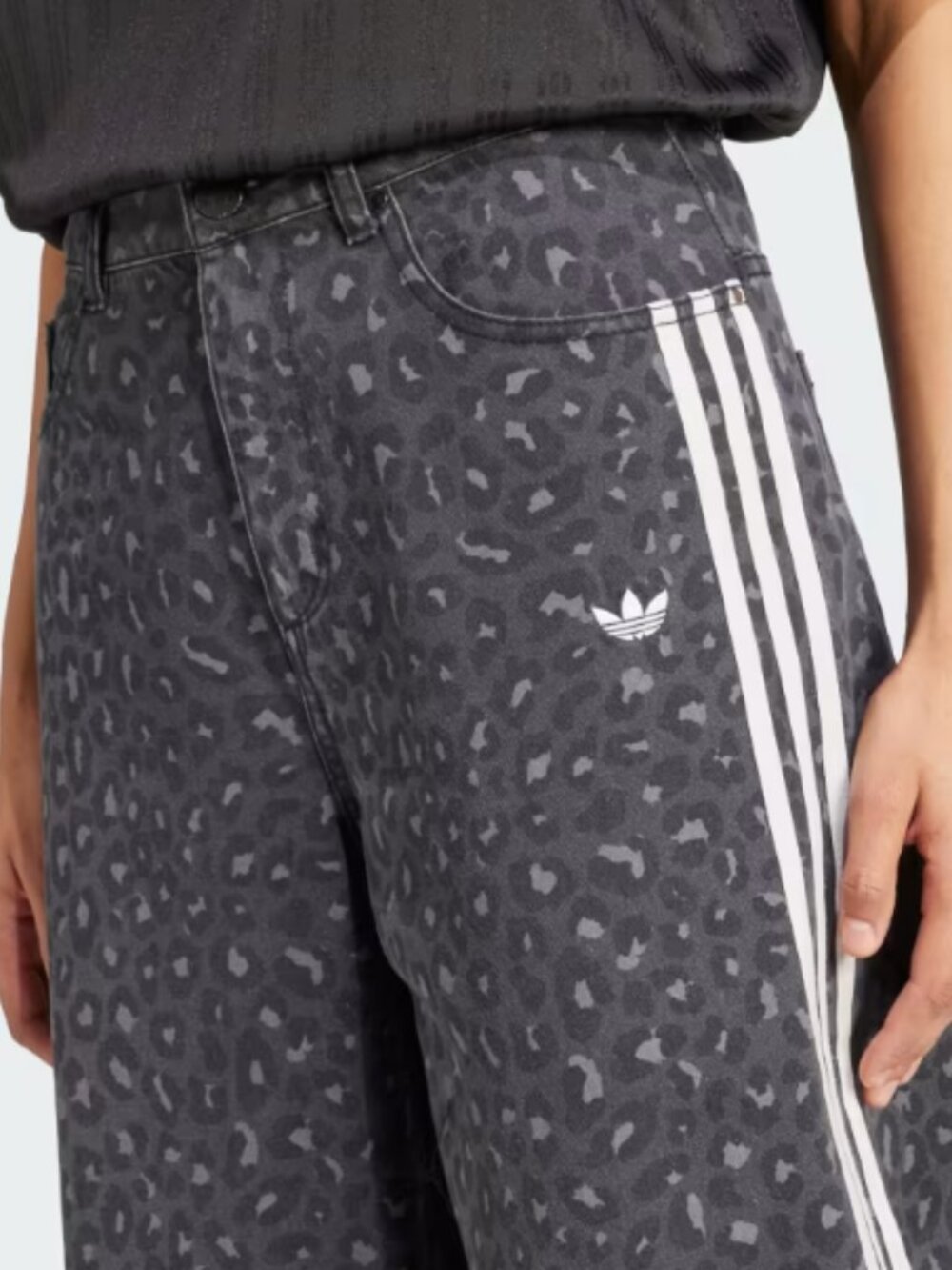 adidas Originals Gray Leopard Print Wide Leg Jeans with White 3-Stripes